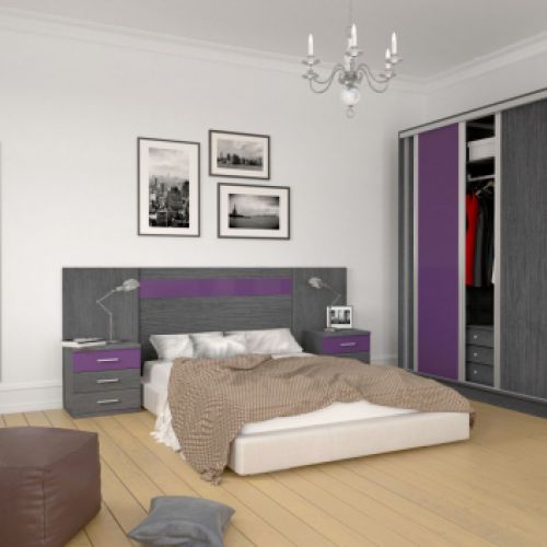 Dormitorio Iris con armario y cabecero en color ceniza y berenjena